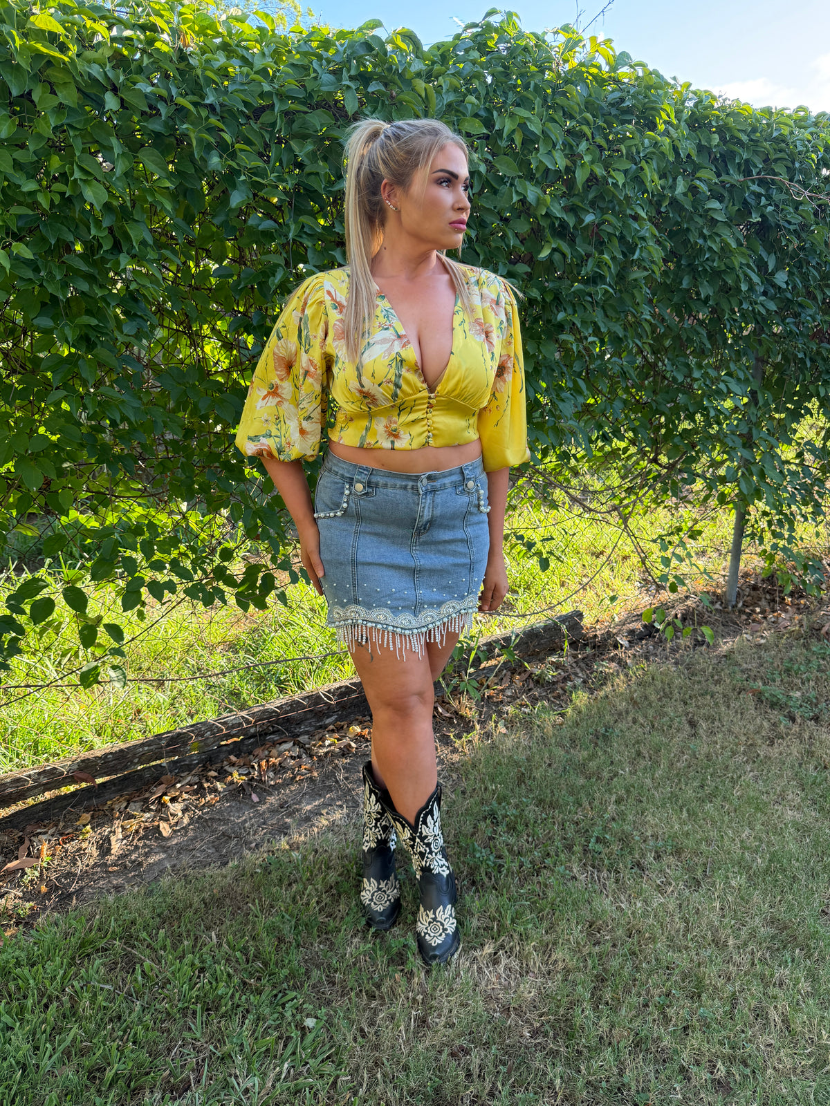 Cover Me In Pearls Denim Mini